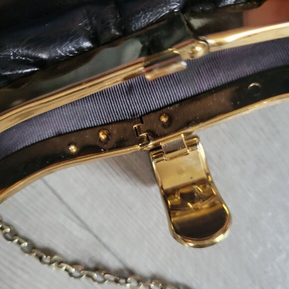 Vintage Black Leather Evening Clutch With Gold Chain & Clasp - Picture 4 of 7